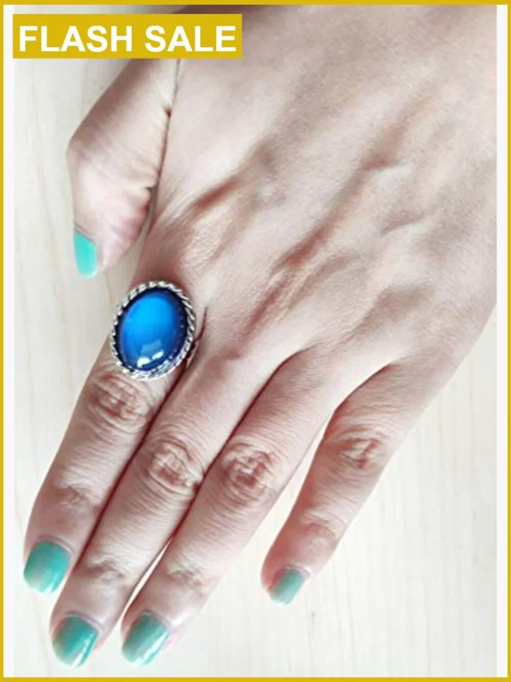 2 PCS Adjustable Mood Ring Set Oval Stone Band Ring One Size Fits All